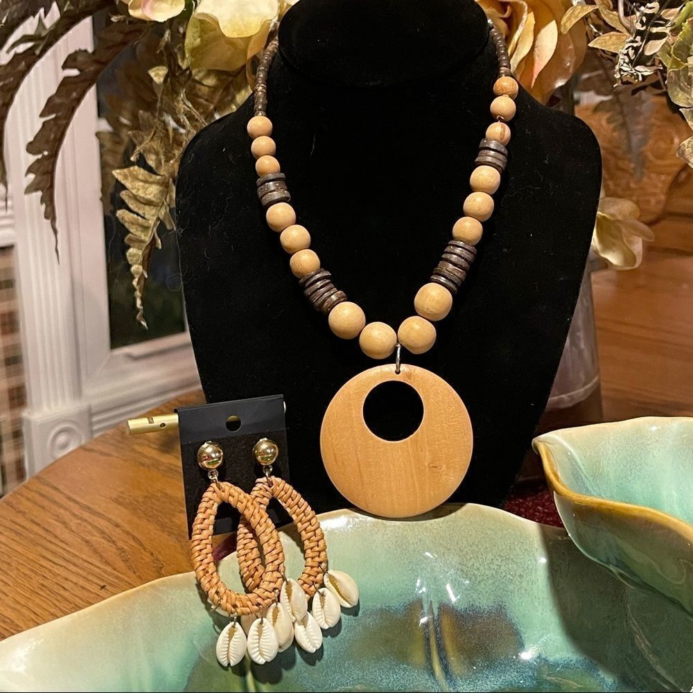 Wooden Necklace & Wood/Shell Earrings